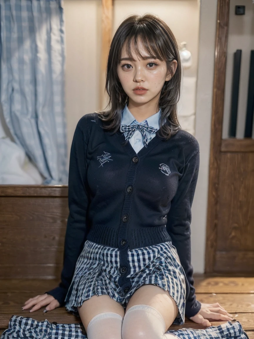 (High quality:1.5, Ultra detailed:1.5, best quality:1.5, insanely detailed:1.5, beautiful, masterpiece:1.5)
(large breast:1.5),
BREAK (cute school uniform:1.3), ((outerwear is dark navy cotton cardigan, closed front, long sleeves, dark navy tops):1.3), (button-up:1.5), (innerwear is plain white collared shirt:1.3), (light blue gingham plaid ribbon on neck:1.4), ((light blue gingham plaid pleated skirt, mini skirt):1.3), ((white socks, loafers):1.2),