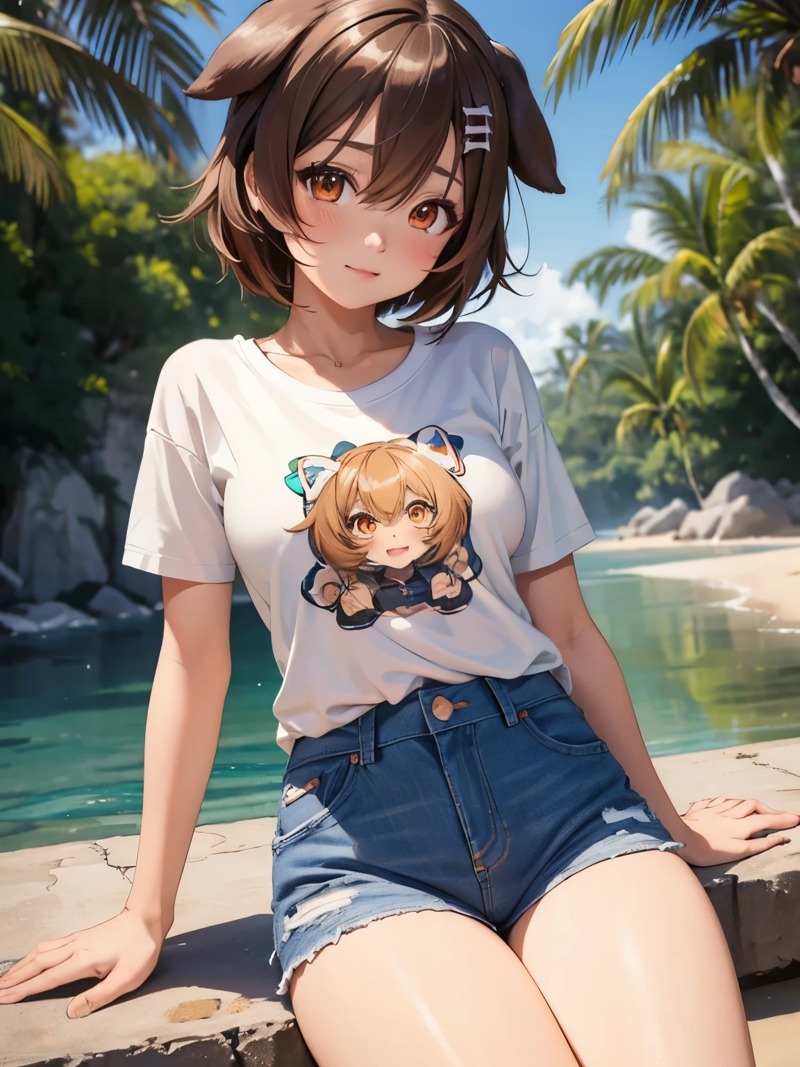 ((masterpiece)), ((best quality)), (ultra-detailed), ((kawaii)), cute, (lovely), ((sexy)), (ero), ((extremely detailed)), 4K, (8K), best quality, (beautiful), anime style, upper body, heavy outline, clear outline, full body focus, beach, (((Amber, Genshin))), ((T-shirt, denim ultra short pants)), ((beautiful orange eyes)), Small breast, shiny-glistening, gleaming,dog ears