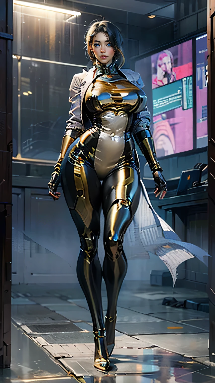 masterpiece, best quality, research professor, full body standing, extremely busty, gold platform pumps, very long legs, large breasts, very thicc, raytraced, tight gold plated black cybernetic bodysuit generously framed in gold, hoop earrings, 1girl, cyberfusion, wearing long white lab coat: 1.25, orbital station command center background, gold chrome bionic legs