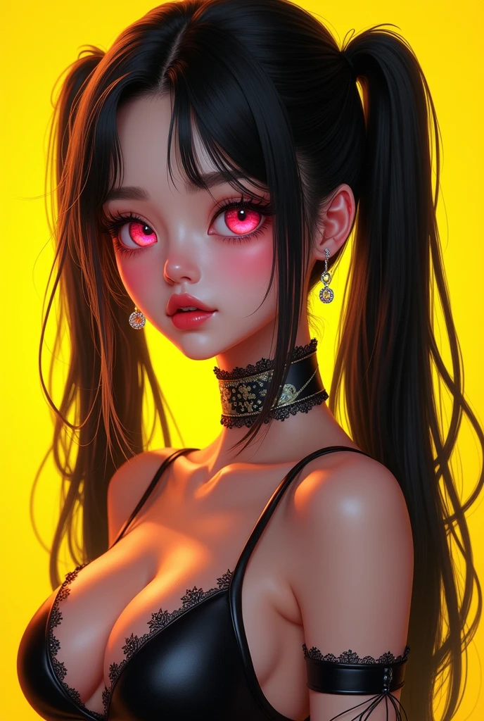 unconscious, ear blush, full blush, heavy breathing, moaning, excited, yandere, black hair, blending, glowing light, ray tracing, UHD, high quality, 8k