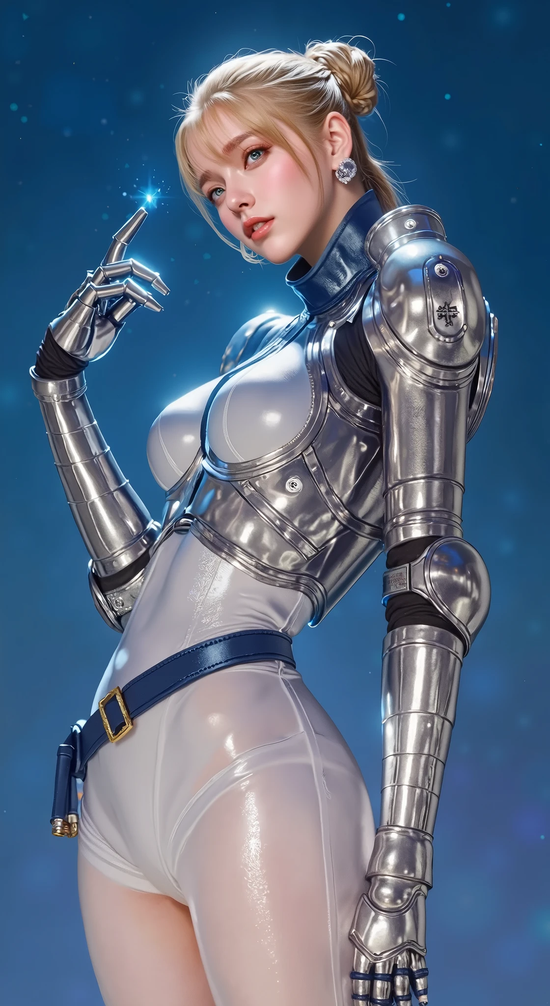 best image quality, excellent details, ultra high resolution, (realism: 1.6), best illustrations, Favor details, condensed 1girl, With a delicate and beautiful face, (Dressed in a silver and blue mecha),((wearing a Mechanical helmet )), Accurately express details such as faces and skin textures,((beautiful face and eyes)), (short hair),slender body shape,alone,medium breast, ((legs)), The background is a high-tech lighting scene of a futuristic city, back view, shot from behind. 