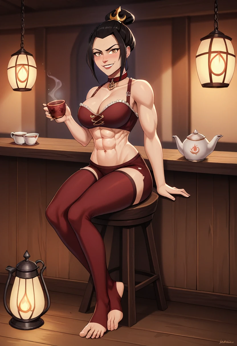 azula, alone, 1girl, Beautiful, Best Quality, extremely detailed face, hair braid, perfect lighting, full body, sitting on stool at booth inside a Tavern, holding tea, tea kettle on table, cute, jawline, healthy body, abs, large cleavage, (goth:0.8), Wide Smile, maniacal, fang, teeth, blushing, blushful, Collar, tight clothes, thin clothes, sleeveless, low cut top, (dirndl), barmaid, barmaid outfit, lantern light, soft light