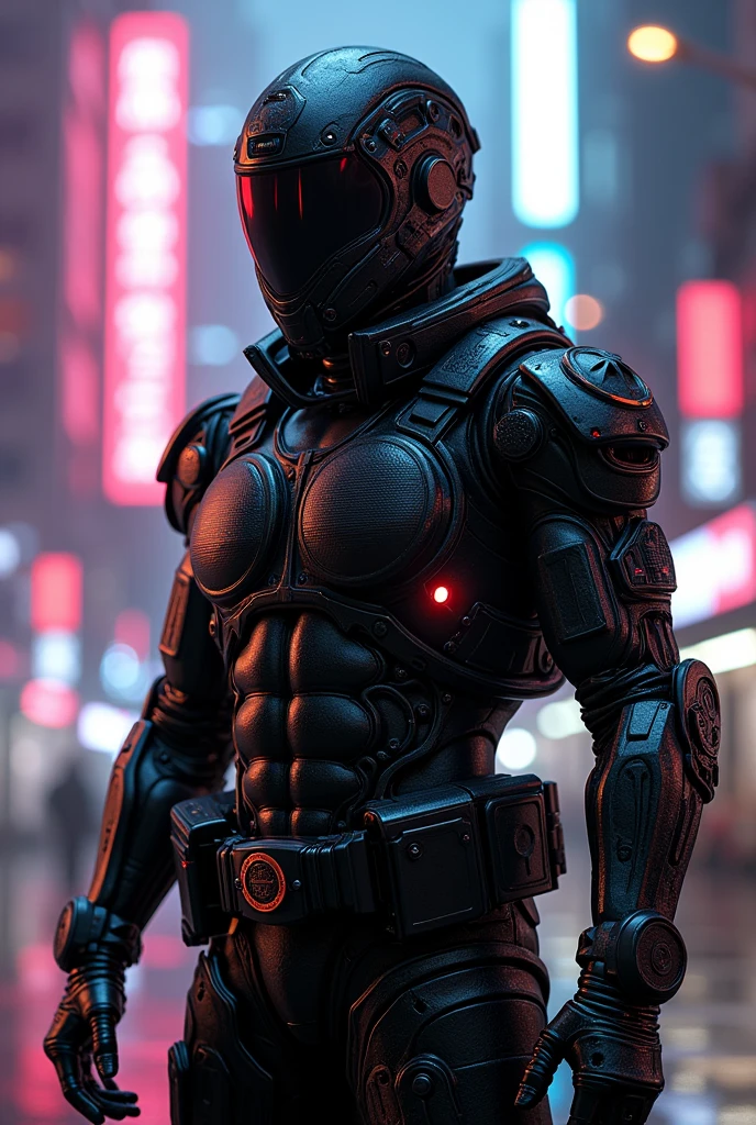 (photorealism:1.2), Hyperspectral Police sci-fi wearing cybernetic maximalist black shiny wet armor in a cyberpunk city, modern exosuit, neon lights reflections, reflection mapping, intricate design and details, dramatic lighting, photorealistic, cinematic, 8k, unreal engine, octane render, depth of field 