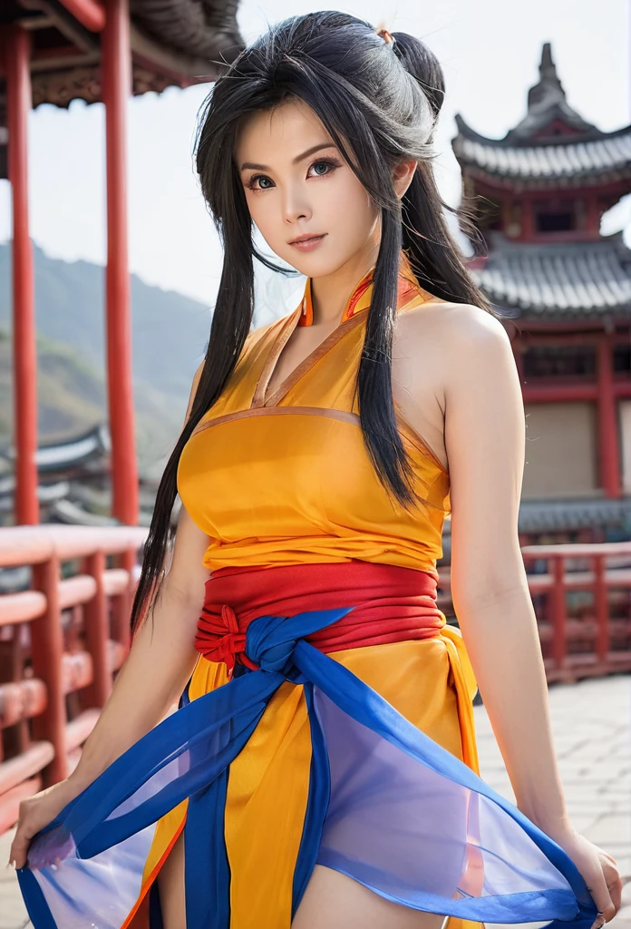Bewitching 25 year old woman,long black hair,big breasts,Son Goku Cosplay,Red and black armor,hold a nyoibō