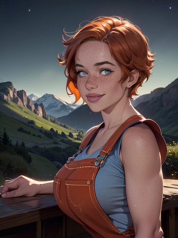 1girl, sxfrances, short orange hair, green eyes, freckles, beautiful detailed smile, red overalls, blue shirt with rolled up sleeves, mountain landscape, moon, (night:1.5), looking directly at viewer, (best quality,4k,8k,highres,masterpiece:1.2),ultra-detailed,(realistic,photorealistic,photo-realistic:1.37),vibrant colors,natural lighting