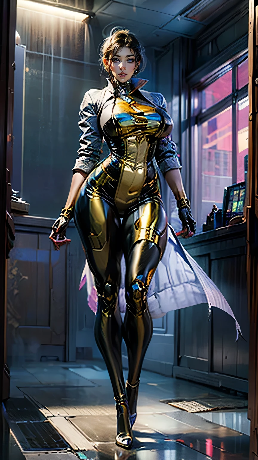 masterpiece, best quality, research professor, full body standing, extremely busty, gold platform pumps, very long legs, large breasts, very thicc, raytraced, tight gold plated black cybernetic bodysuit generously framed in gold, hoop earrings, 1girl, cyberfusion, wearing long white lab coat: 1.25, orbital station command center background, pure gold robotic legs