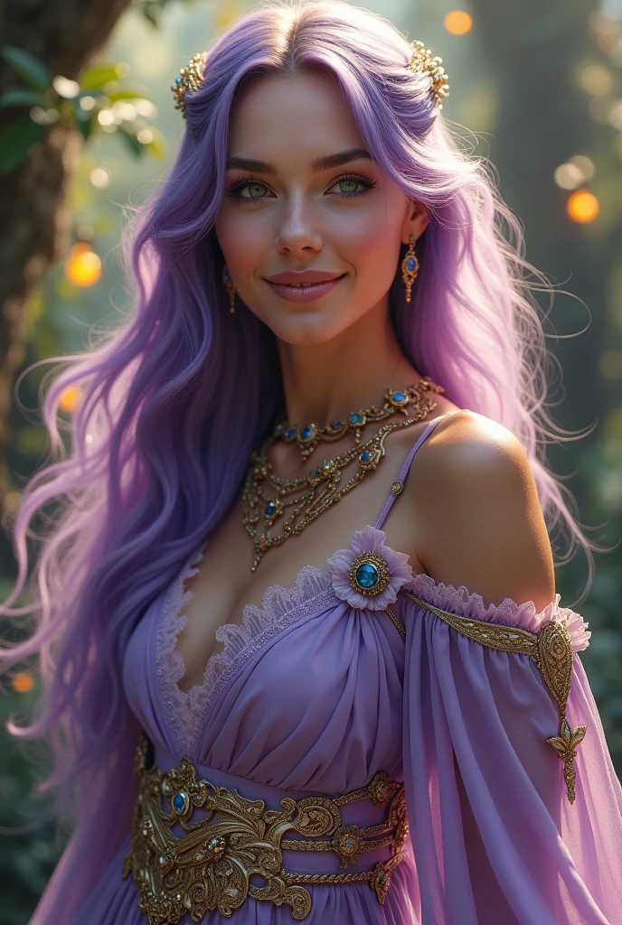 Young woman,Twenty-five years old, Beautiful face, Long purple hair, Wearing Central European clothing, Big chest, Thin waist, Big butt, Sitting in the garden, Victorian style