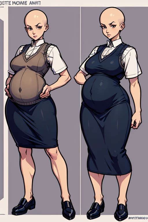 digital anime art, highly detailed, reference sheet, standing pose, feminine features, mature woman, adult female, full figure, pregnant, whole body, bald, form-fitting, sun dress, sweater vest, long skirt, shoes, 1woman, solo, upper body, lower body, ((Extremely Detailed)), ((Best Quality)), ((Masterpiece)), ((4k)).
