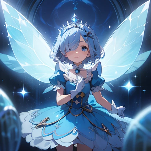 girl, Fairy, Silver Hair, short hair, Long Bangs, Hide one eye, small silver tiara, blue eyes, Sparkling eyes, Light blue mini dress, Puff sleeves, White gloves, beautiful, cute, (Fairyの羽), smile, Blue Gemstone Ornament, Blue Ribbon, moon, moonのFairy, Mysterious