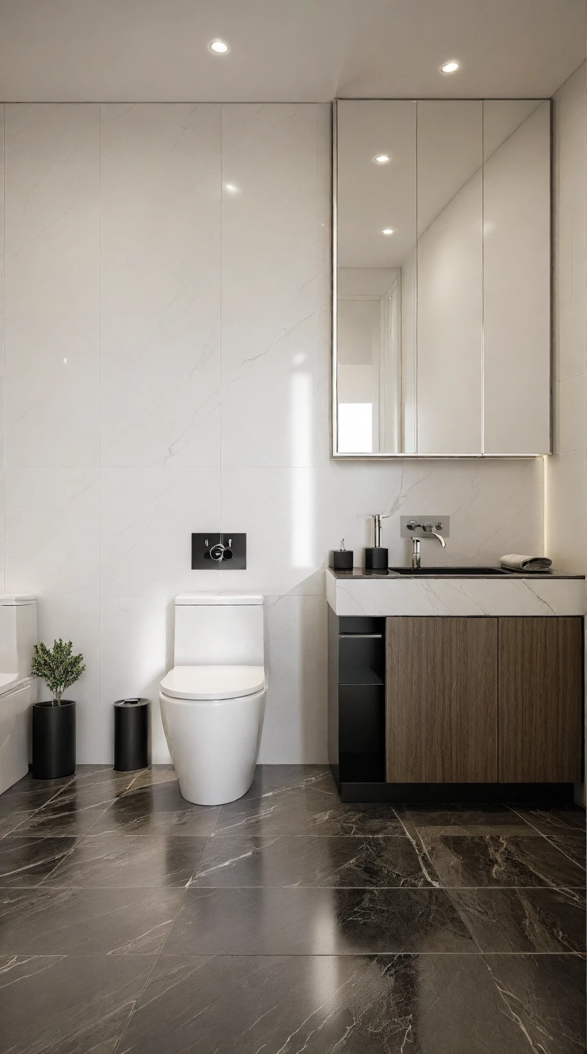 Raw photo,Masterpiece, high quality, best quality, authentic, super detail, indoors, interior , ((TOILET :1.3)), modern style, daylight, (WHITE WALL),luxury, marble tile floor, fridge, black stone counter top