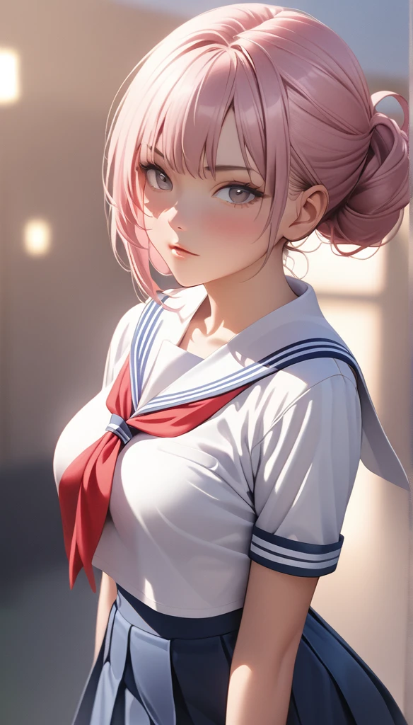 young woman, short shoulder-length pink hair, wide forehead, porcelain skin, pink eyebrows, big emerald green eyes, buttoned nose, full lips, heart-shaped face, slender body, small breasts, red tank top, Sakura Haruno , realistic, realism, details, 3d, well detailed