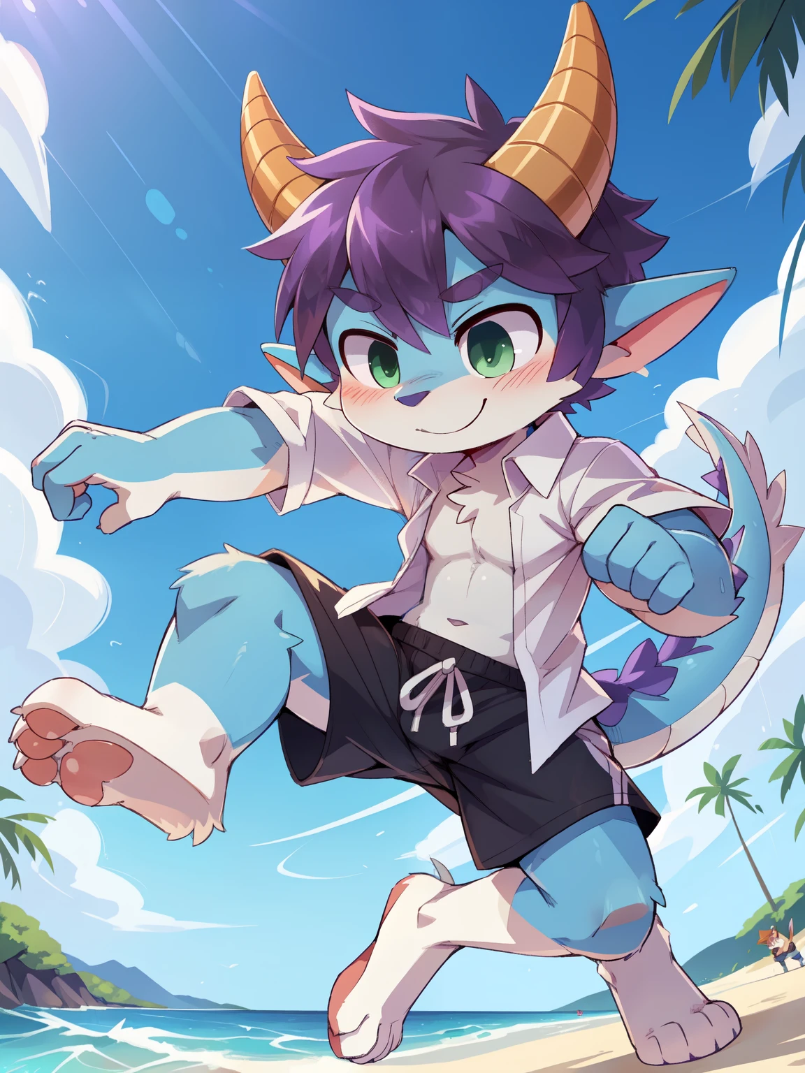 score_9,score_8_up,score_7_up, source_cartoon, source_furry, dragon boy, horns, green eyes, tail, purple hair, shota, furry, blush, dragon tail, looking at viewer, smile, dragon horns, pointy ears, short hair, furry male, two tone body fur, blue body fur, white body fur, ((white hawaiian shirt, open clothes, black swim trunks)), beach, clear sky, full body, feets with three toes, 3 toes, feet towards viewer, from above, dynamic action shot, motion blur, fight pose, fight stance, POV, thick outline, anthropomorphic, countershading,