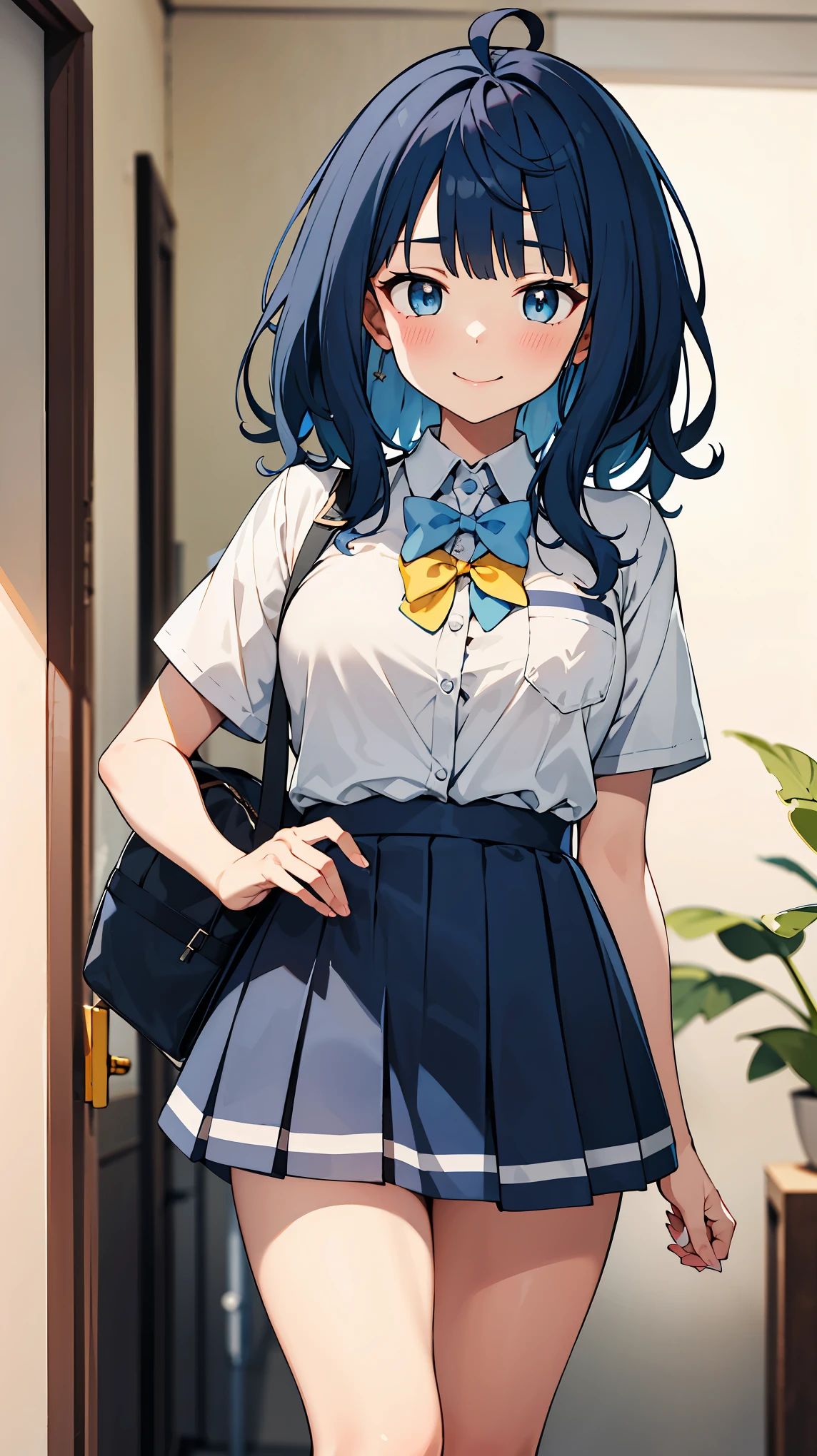 ((masterpiece, best quality, highres)), depth of field, BREAK, 1girl, smile, blush, cowboy shot, BREAK, (indoor), school corridor, BREAK, Yanami Anna, ahoge, medium hair, blue hair, sidelocks, blunt bangs, blue eyes, BREAK, school uniform, collared shirt, white shirt, pocket, blue bow, yellow bow, short sleeves, large breasts, skindentation, shirt tucked in, blue skirt, pleated skirt, black socks, loafers
