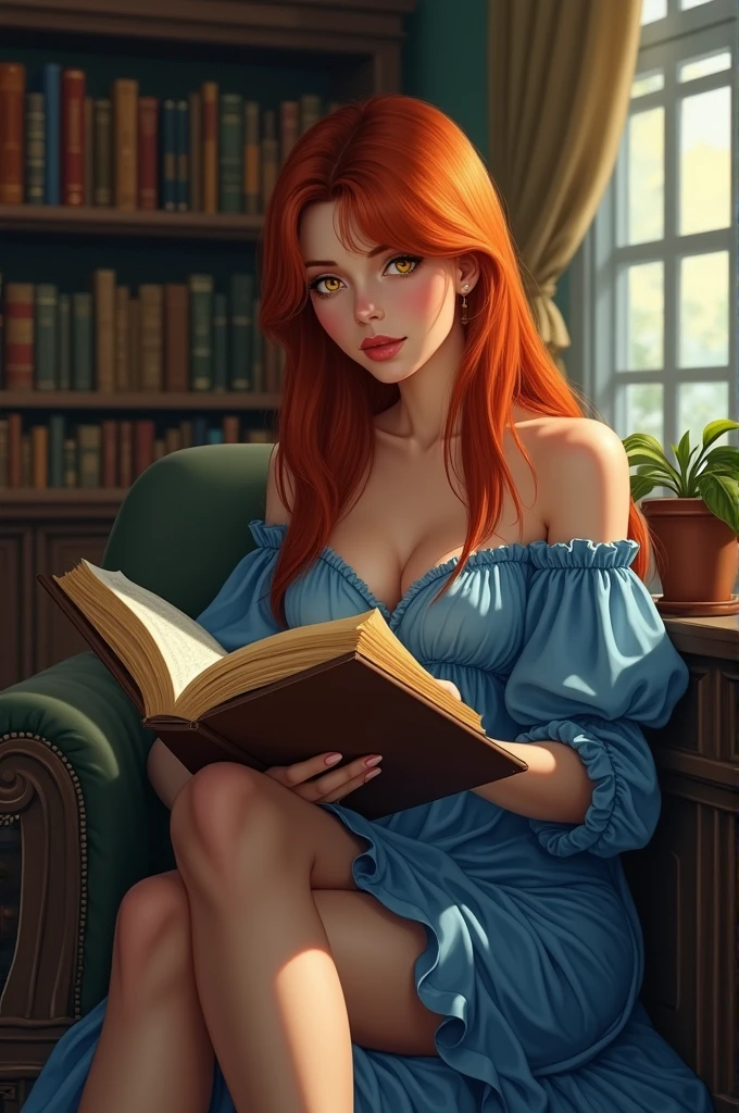 ruiva topless, Pushing to the couch, gemendo, lendo um livro, nudez total, dedos tocando por cima da calcinha, realista, nudez total seios, Sexier and cuter sitting position(Improve the appearance of the book)