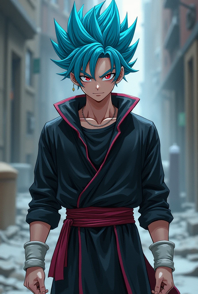 "Living sculpture, perfectly shaped body, multicolored hair, just like Yugi's from Yu-Gi-Oh! Broken chains adorn necks and wrists, in a great magical and adventurous hall." In the background a red magic in a glowing circle, vibrant color, reflective shadows