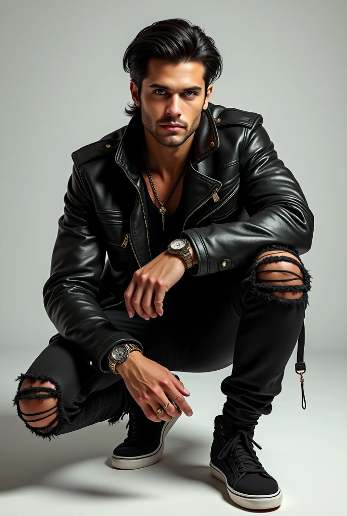 Half man lay down, eyes closed, leather shoes and jacket