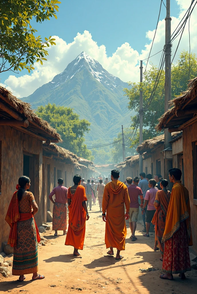 Rustic scene of India villags street, mens, women's, kids , background with mountains, trees , cinematic image