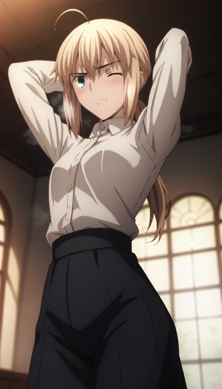 sauce_anime, ambient light, blue hour,
fsn_ubw_style, 1girl ,,low ponytail hair,  blond hair, ahoge, deep green eyes,, hair between eyes, perfect eyes ,wince ,, Perfect face, expressive eyes, ,  
(black dress shirt),  
indoors, , realistic church room, (kneeling),  blush, steam, arms up ,
cowboy shot, looking at below, solo, dutch angle, closed mouth, saliva , black pants, , small breast,