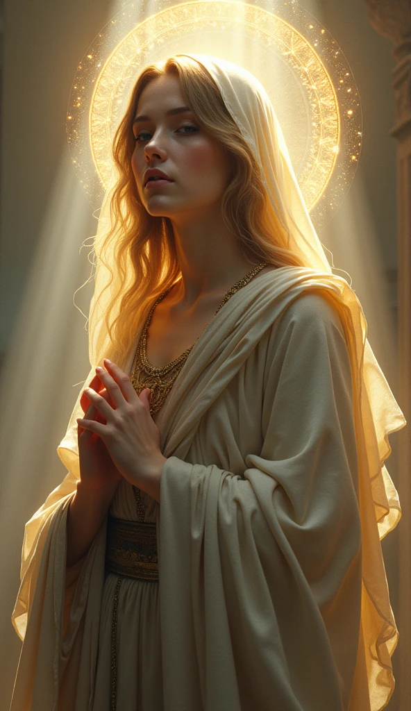 Imagine Taylor Swift as our Blessed Virgin Mary, creates a painting where Taylor looks face to face and tenderly at the viewer, Taylor is in the game, mystical.