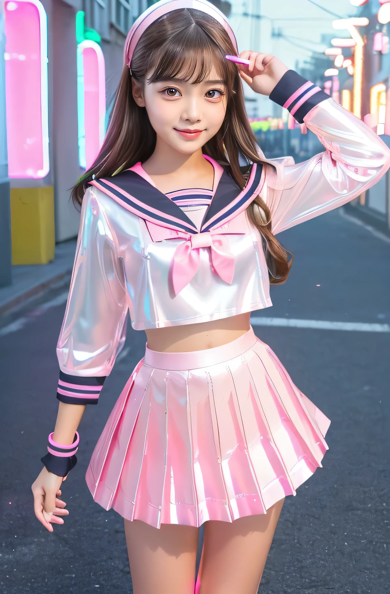 Very beautiful cute girl) (very cute face:1.2),(),(sparking clear attractive large eyes:1.2), Beautiful detailed eyes, Detailed double eyelids, smiling, (realistic photograph:1.1), in the street,
(super shiny neon pink sailor high school uniform:1.5),(super shiny neon pink pleated mini skirt :1.1),
(brown hair:1.2),professional portrait ,costume with very smooth and strong reflective surfaces