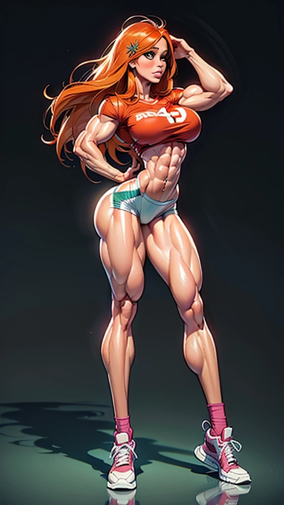 Fullbody view, (navel piercing), navel exposed, Generate an illustration of a mature Orihime, pink shirt,  orange hair , ((hailey grace face)), de terno preto, (natural lipstick:1.1), long hair, hair flows straight down, hair pins on both sides, (firm breasts:1.4), crop top, shorts, long socks, sneakers,  outfit in anime format with a serious style, masterpiece, ((white lighting)), black background, puffy lips,((slendered abs)), beautiful face, well defined powerful musculature, bulky and buff woman, (muscular body: 1.6), hypermuscular body of Professional female bodybuilder, (powerful thighs and glutes: 1.4), ((straight body posture)), ((perfect beautiful face)), large eyes, small mouth, (((mature 44 yo woman who looks younger than she actually is)))