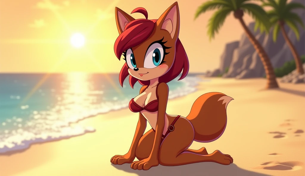 mobian, hedgehog, two-tone fur ((orange fur, brown fur)), (strapless bathing suit), cleavage, two-tone hair (brown hair, black tip)), curly hair, halo, sunglasses, jewelry, red eyes, longeyelashes, red eyes, smile, shy, blush, high detail, masterpiece, UHD, anatomically correct, super detail, highres, 4K