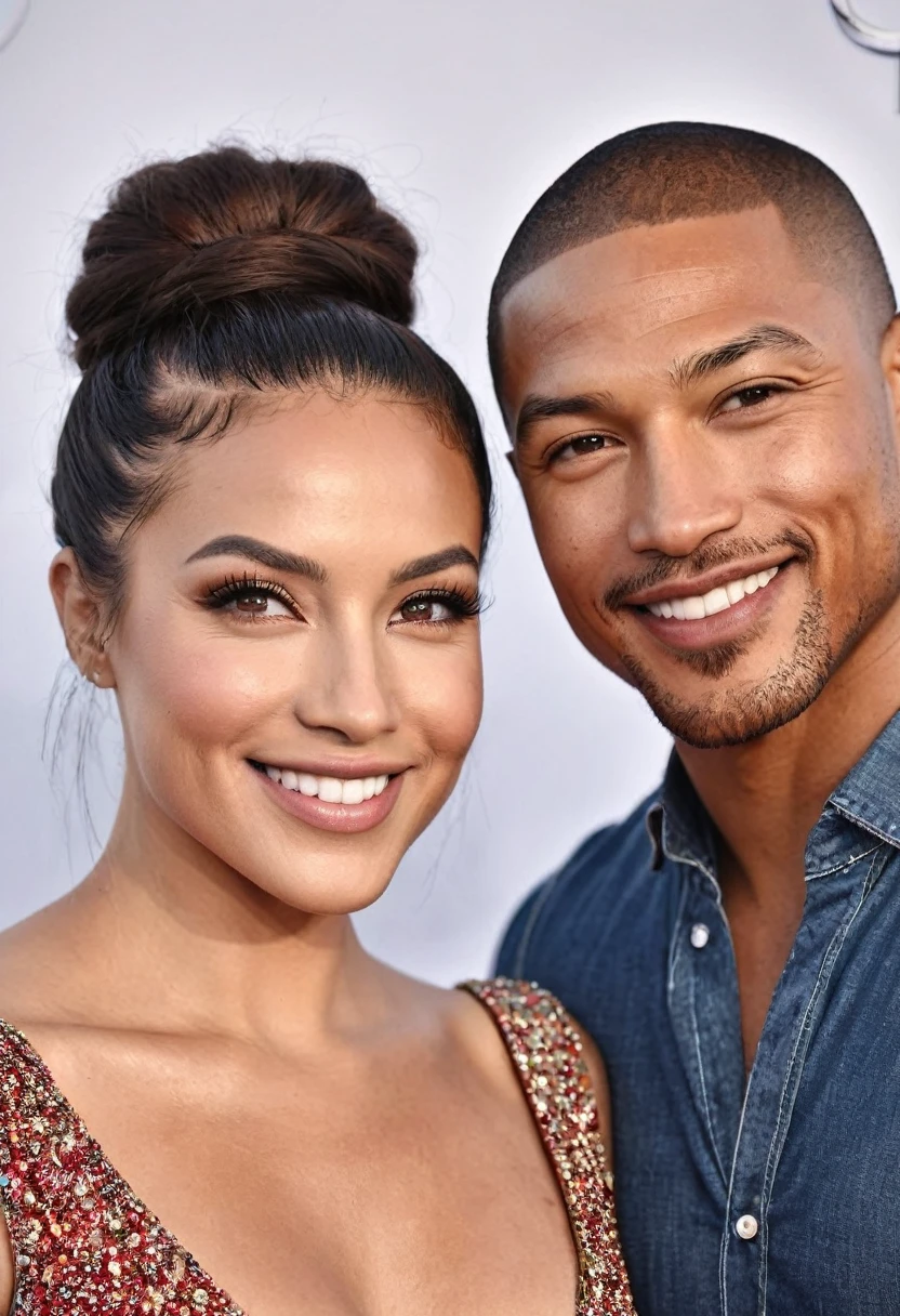Australian actress Jessica Green and a handsome African American male whose facial features are a combo of Devon Terrell + Isaiah Mustafa + Nathan Mitchell pose together for a photo. Both are smiling. Both are attired attractively but casually for a date. Jessica has lovely makeup on her face. Daytime. Romantic ambiance. Symmetrical eyes. Symmetrical faces. Lovely details. Photorealistic. Full-colored photo. Professional photo. Highly detailed 8K.