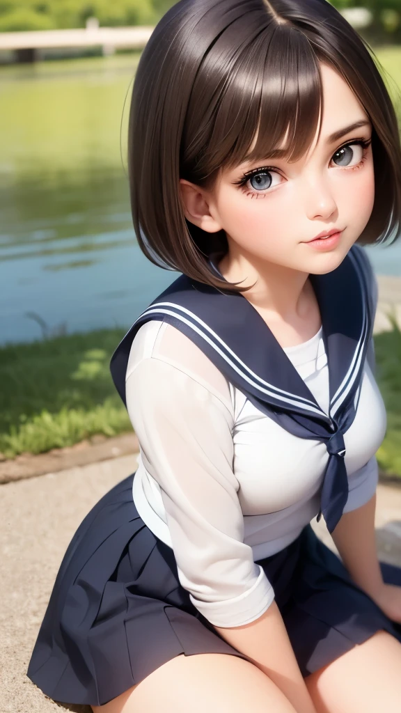 From the front, sitting on the river bank, a high school girl with beautiful eyes and pretty lips, short black hair, sailor uniform, navy blue pleated skirt, surprised expression