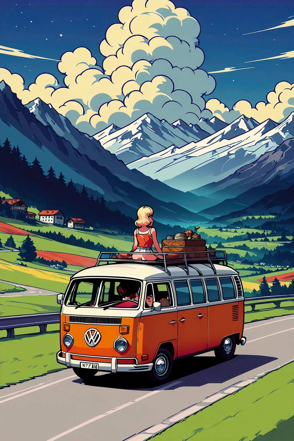 Vector t-shirt art ready to print Colorful graffiti illustration of a red Volkswagen Kombi, Swiss Alps, Tall trees, summer, evening, bonfire, Volkswagen pickup truck. A road with a VW van and weeds growing on its sides. Exterior of the van in pastel tones. VW Vintage. (minimalism:1.4), a minibus on the road, German from, studio ghibli art, miyazaki, grass with blue sky and white clouds. Japanese Car AnimeA close-up of a van driving on a road near trees, beautiful retro art, traveling through the mountains, highly detailed vector art, Hippie cottagecore, in digital illustration style, Stunning art style, stylized digital illustration, Detailed digital illustration, Digital Cartoon Painting Art, Retro art style, detailed vector art, Driving a VW minibus, retro illustration, --with 9:16. Next to the vintage Volkswagen van, retro, There is an 1 girl wearing a red tank top, no skirt, white panties with red hearts, heart print panties, legs, white socks, back view, big butt, juicy thighs, round buttocks, thick thighs, Big Butt, medium sized breast, big dips, small waist, slim arms, brown eyes, head turned towards the viewer (Best Quality,High resolution), pixel art, vibrant colors, nostalgic atmosphere, Immersive gameplay, 16-bit graphics, pixel perfect controls, pixel art.
