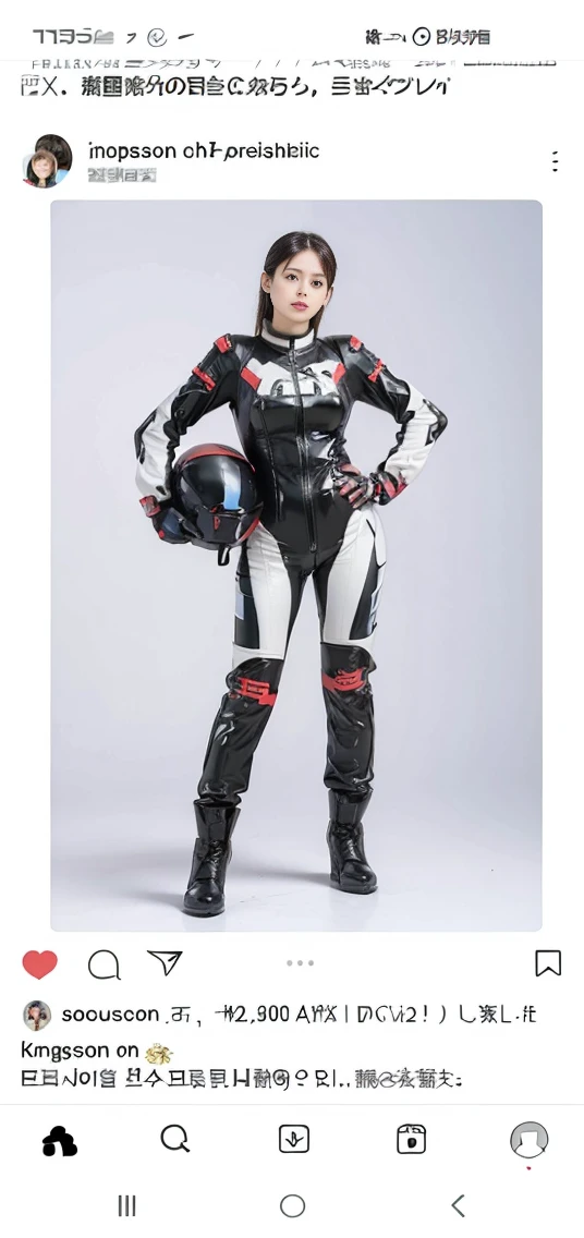 Super delicate beauty, 1 person, Intricate body details,,Unreal Engine:1.4, Enchanted face、Embarrassed face、Open your mouth、Drool-worthy top quality、Long limbs、(((motorcycle racing outフィット)))、(((Wearing a one-piece racing leather suit with logos of many sponsors))、(((blackhead 長い hair))),((Wearing racing leather gloves that cover the fingers and wrists、Wearing long racing leather boots))、Female motorcycle rider
