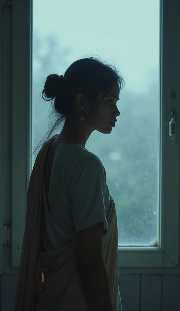 high-concept photograph of a 21-year-old artistic Puerto Rican woman in a white nightgown staring out the window on a rainy day, heavy shadows, style of German expressionism, in an apartment, in San Juan raining outside, cinestill 400d, synthwave, vaporwave, retro nostalgia, neons