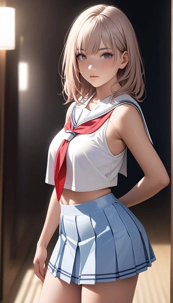 rialistic photo、top-quality, a sailor suit、Ultra mini skirt、White shorts、beautiful thigh、Beautiful belly button、Beautiful facial features、Beautiful camel toe、Hi-Res, and18, 1girl in, Android 18, 独奏, blonde hair, blue eyess, shorth hair, 耳?????? Ring, jewely, Medium chest, cowboy shot, Street, (校服:1.2), off shoulders, Sunset,
