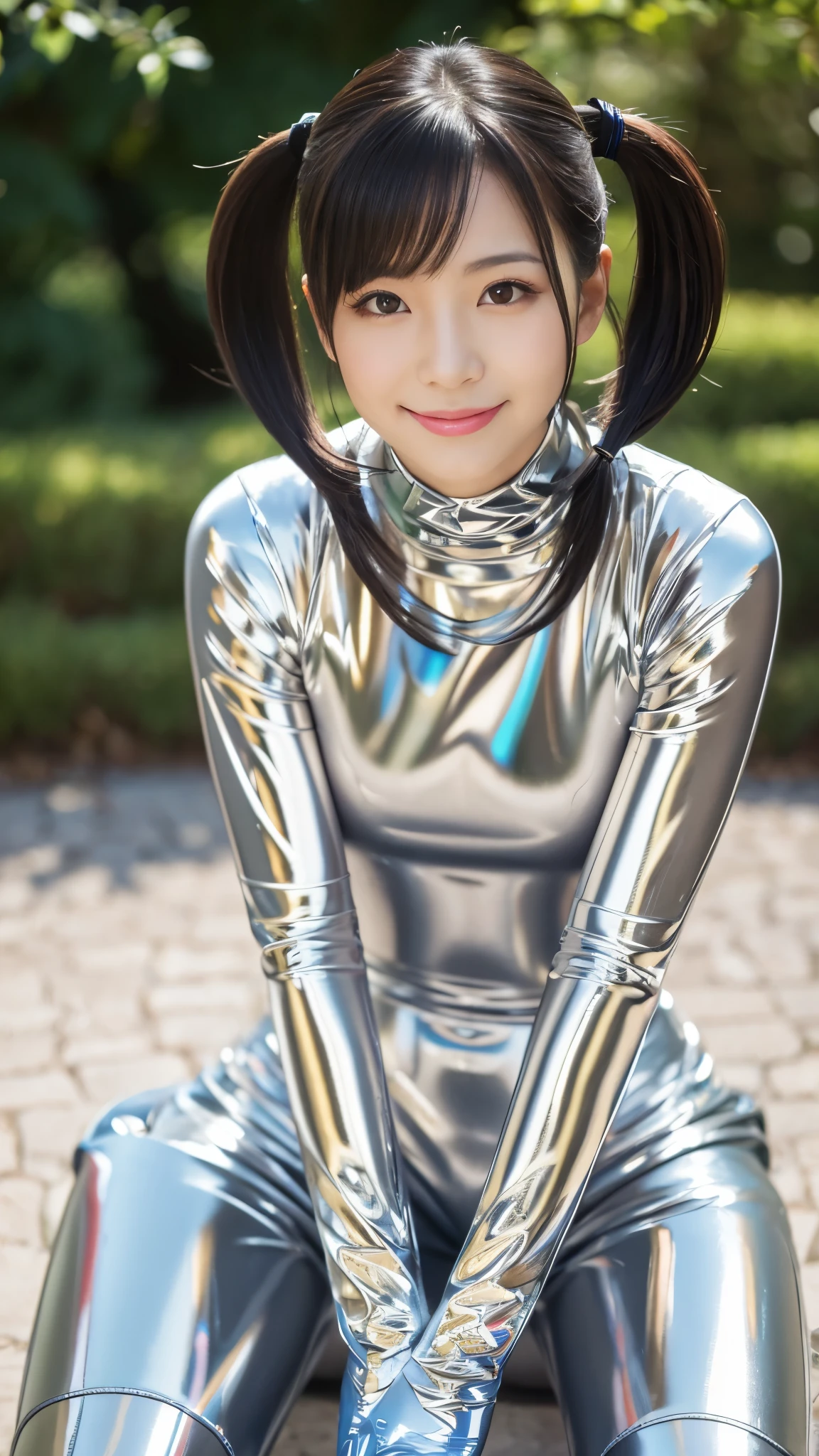 「Create an image of a character with a small, delicate face and a slender nose。Characters、A natural look without makeup、They should have big, pretty eyes facing forward。Characters長い青い髪に短い前髪で、She is wearing a black long sleeve top and shortirimu from That Time I Got Reincarnated as a Slime