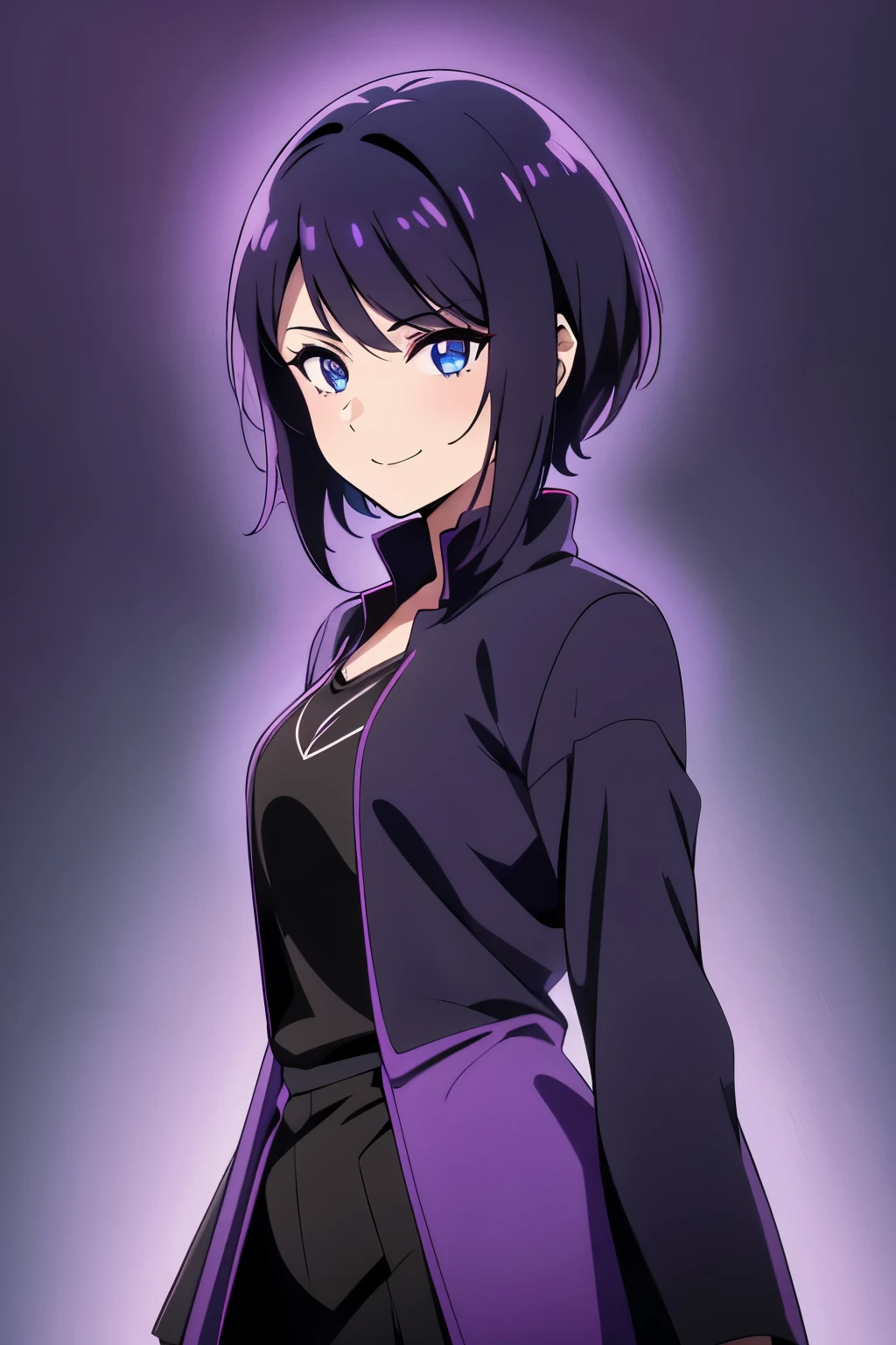 (high-quality, breathtaking),(expressive eyes, perfect face) 1girl, female, solo, young adult, short hair length, dark purply black hair color, purple lighting in hair, spiky hair, bright blue eye color, black background, positive expression, cute smile, Symmetrical Eye, light rain, lofi vibe, cowboy shot, modern fantasy clothing, anime lo fi, tomo hairstyle, tomboy,
