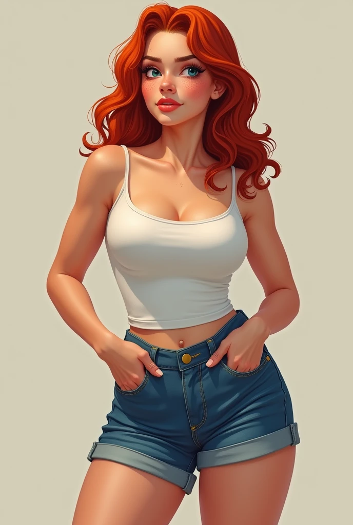 Red haired Latina, in white tank-top, white cotton panties, no pants, blue background, realistic art style, intricate details