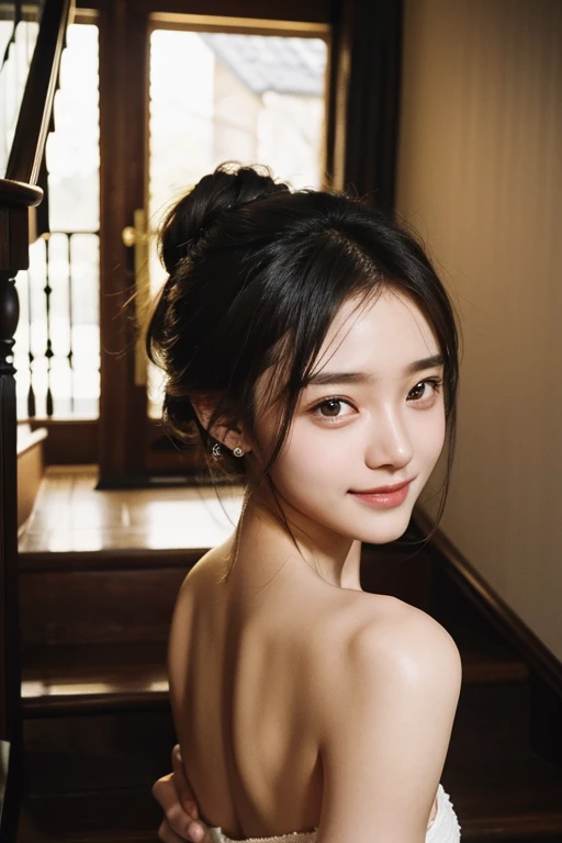 25 years Old woman, Naked, beauty face, cute face, thin, Updo hair style, very small breast