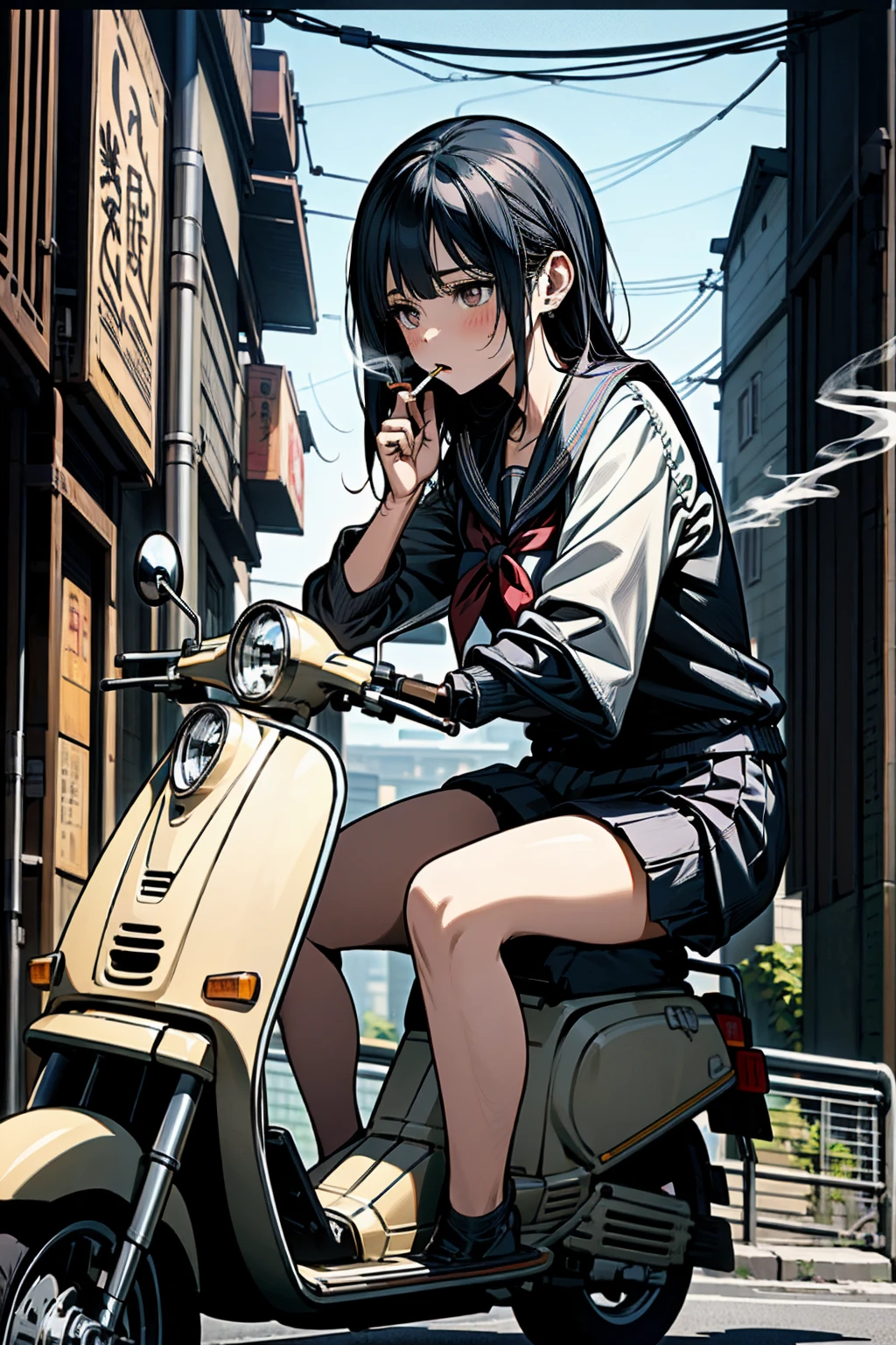 masterpiece, Highest quality, High resolution,alone, Accurate human body、Knowledgeable person、Correct five-finger,Sailor suitを着たアニメの女の子が、Riding a scooter and smoking a cigarette, Japanese girls uniform, Japanese School Uniform, high school girl, seifuku, Anime Girl Cosplay, riding on the Moped scooter, Moped, Sailor suit, beautiful anime high high school girl, JK Uniform, Girl in uniform, wearing Japanese School Uniform, Simple light background, Uniform soft illumination, Shadows are minimal, Quiet and tranquil atmosphere, Front view, Shallow depth of field, Well-balanced exposure