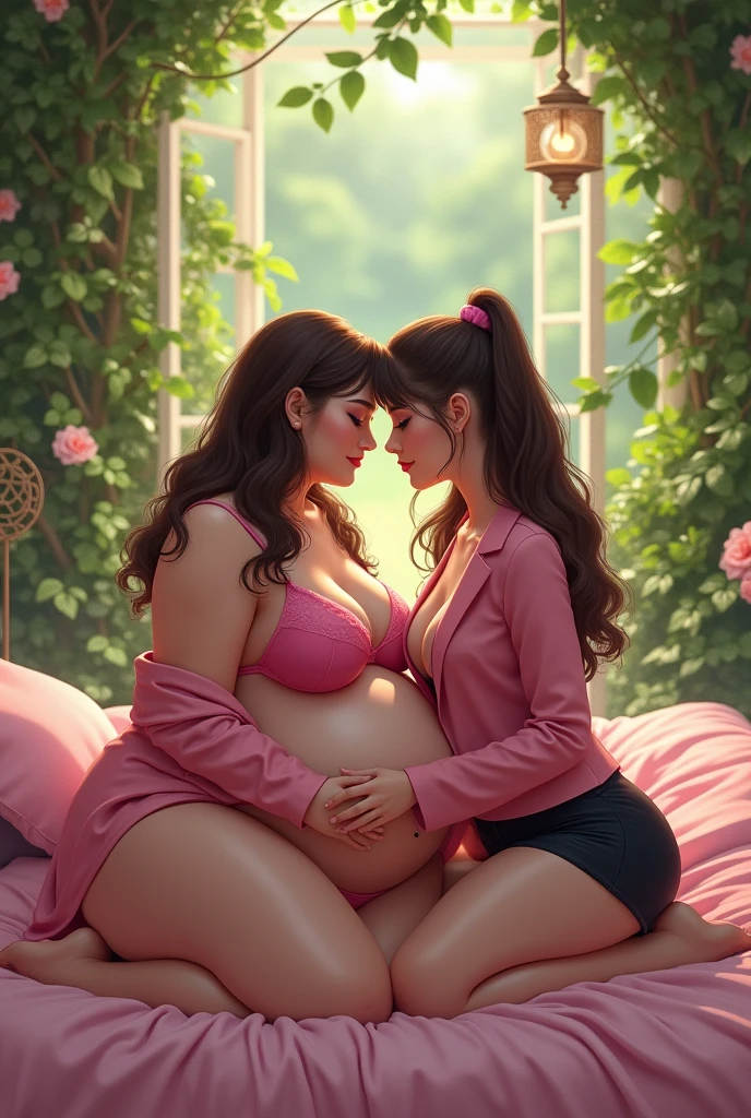 two chubby women hugging in a forest,detailed facial features, chubby bellies, soft skin, warm hug, natural lighting, lush green foliage, serene forest atmosphere, (best quality,8k,highres,masterpiece:1.2),ultra-detailed,(realistic,photorealistic,photo-realistic:1.37),vibrant colors,cinematic lighting,warm tones,detailed background