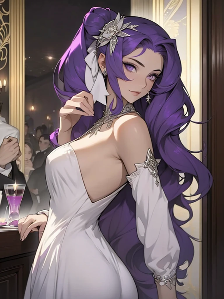 Girl with long purple hair. Purple eyes. Girl in a cocktail dress. Elegant girl. Great Gatsby Party. Elite party. Dear Hall. The Big Banquet. point. ball gown. Graceful girl