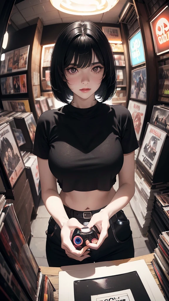 Create a boy with very short black hair, thin androgynous face and body, topless with large breasts of a woman wearing jeans and white sneakers sitting in an armchair playing a video game