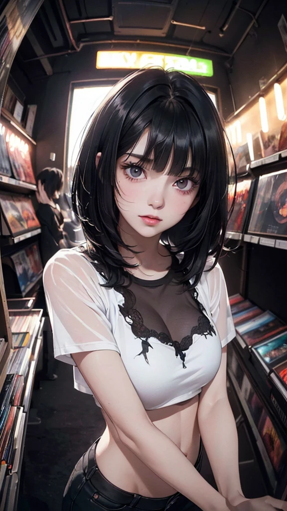 ((8k wallpaper extremely detailed CG unit, masterpiece, High resolution, top quality)), (A very detailed beautiful woman, Perfect face,Black Hair, bob cut,Bangs, Gray eyes, Top of crop, Short sleeve, crop top, Huge breasts), ((The face is rich in detail, Highly detailed dark eyes, Extra detailed body, Top quality real texture skin)), (A black-haired one, Messy hair, White skin), (Interior Architecture, glowing neon lights, Record store), (High Angle:1.2, Fisheye:1.3), Surrealism, number,