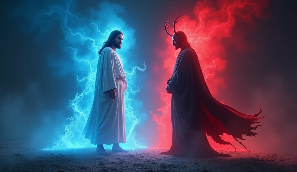 Jesus and Satan with tricolor flag in blue white and black