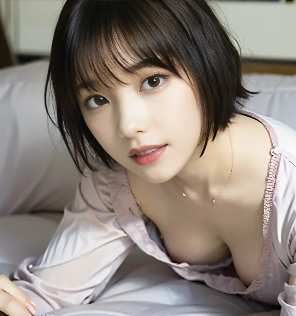 Highest quality、8k、 Compensate、masterpiece、アなphotograph、Ultra-high resolution、Realistic、Professional Lighting、Natural light、photograph、smile、Ultra slim、Slender body、(Very cute girl、beautiful girl、The cutest Yoda Yuki)、Baby Face、Small face、White skin、(Very short hair:1.6)、Brown Hair、Lean forward:1.6、Her cleavage is visible:1.8、Woman in sexy pajamas:1.6