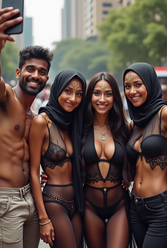 An 18 year old topless short indian slut, baby face, Surrounded by men, tight black shorts, full body shot, topless, choker necklace, hoola earrings, slim waist, short hair, voluptuous body, large breasts, white cream spots on body and face, erotic pose, crowded street, dramatic lights, erotic pose, detailed face, detailed body, master piece, high quality, 8k, photorealistic, detailed portrait, cinematic lighting, topless, photography by Army Freytag