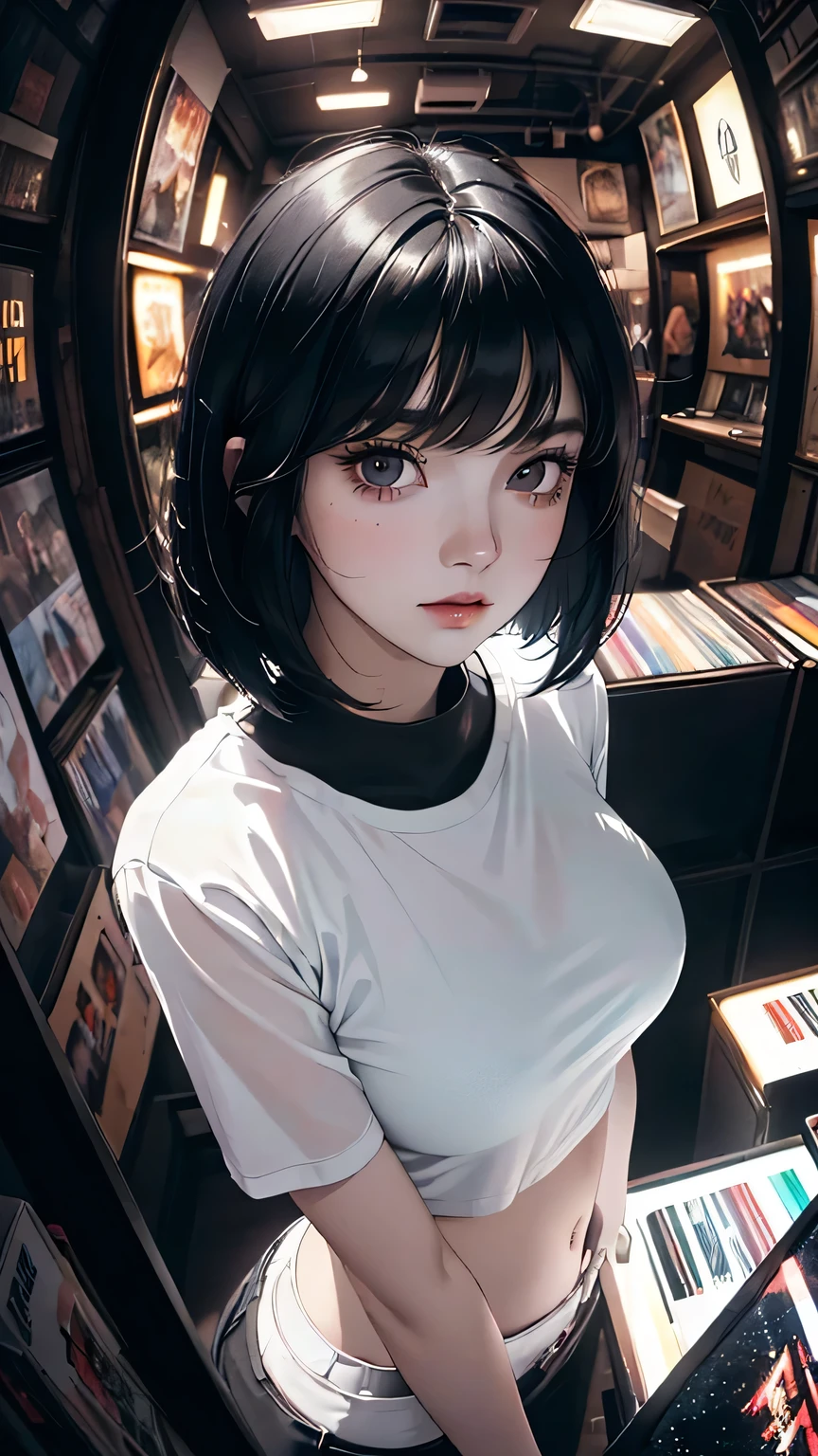 ((8k wallpaper extremely detailed CG unit, masterpiece, High resolution, top quality)), (A very detailed beautiful woman, Perfect face,Black Hair, bob cut,Bangs, Gray eyes, Top of crop, Short sleeve, crop top, Huge breasts), ((The face is rich in detail, Highly detailed dark eyes, Extra detailed body, Top quality real texture skin)), (A black-haired one, Messy hair, White skin), (Interior Architecture, glowing neon lights, Record store), (High Angle:1.2, Fisheye:1.3), Surrealism, number,