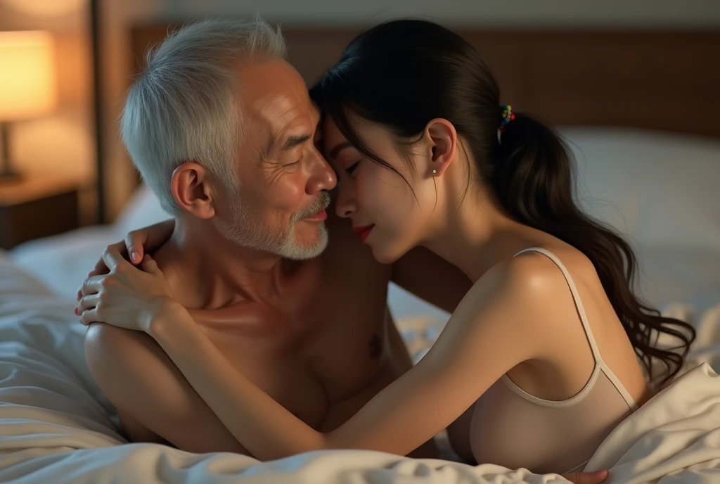 A dressless old man smooching desi woman in nude, sitting on bed, showing her big breasts, pajama pants, long hair, indoors, soft lighting, plants in background, window with sunlight, cozy room, moody pose, realistic, intricate details, warm colors.