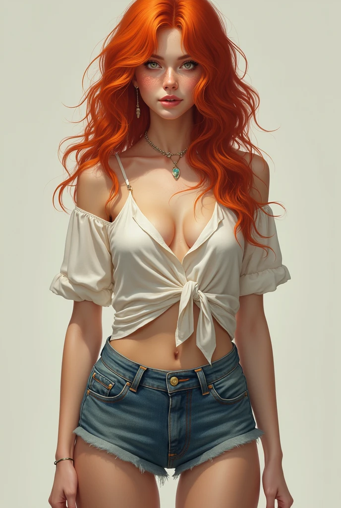 Character Sheet: Close-up of a very beautiful, woman in detailed shorts and t-shirt, ((character concept art)), ((character design sheet, same character)), casual style clothes, expert high detail concept art, (((long reddish-blonde hair and captivating eyes, athletic slim body, medium breasts.))), tank top, jean shorts, plain background