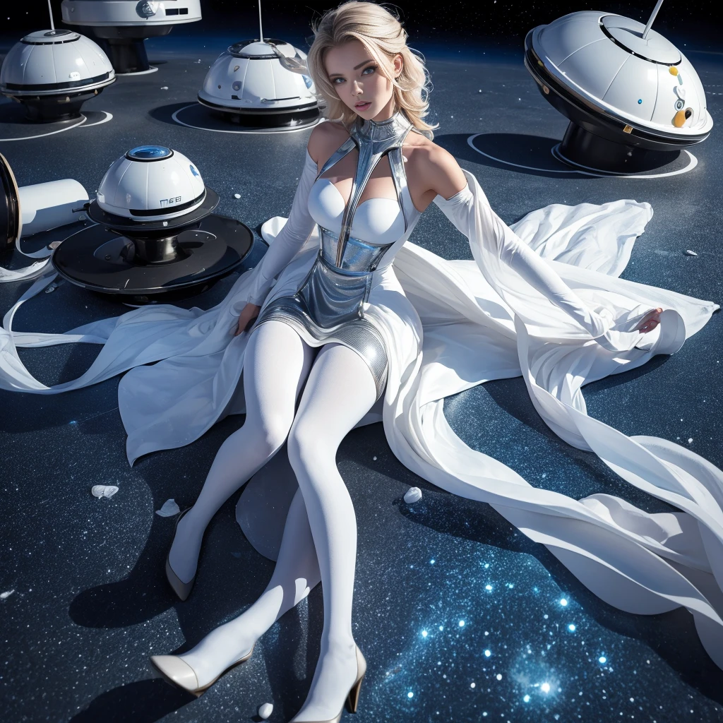 futuristic women and men with space dress in a lunar dessert with a space ship crash on the floor. HD