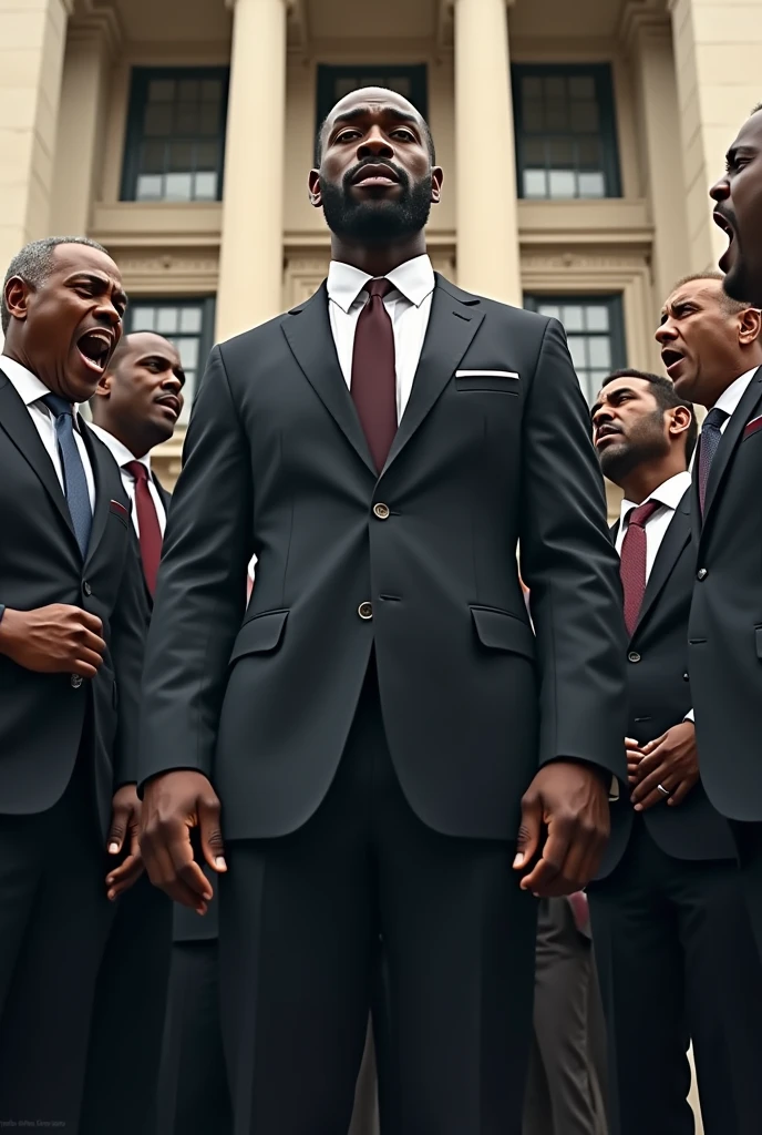 African American man with pale blue eyes and short black hair, Although about a quarter of it is white in front of his left, He wears a short red overcoat with black pockets over a black long-sleeved bright yellow shirt . And his pants are black with chains to his belt. He wears a cross-like necklace around his neck. He also、I put on dark blue fingerless gloves,Being on the beach