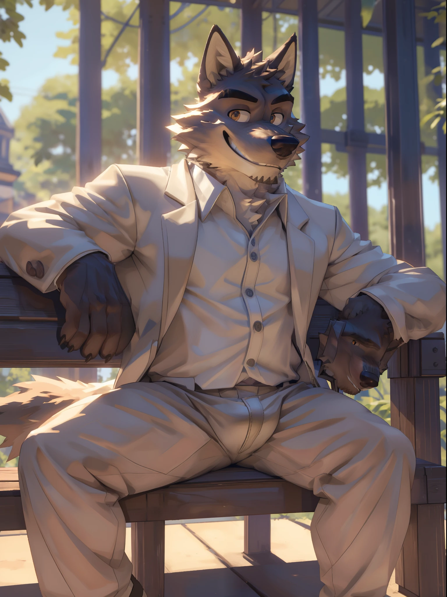 a furry wolf sitting, mr. wolf, bench, nature, white suits, smile, (best quality,4k,8k,highres,masterpiece:1.2),ultra-detailed,,detailed wrinkles,detailed facial features,detailed texture, bulge, half body